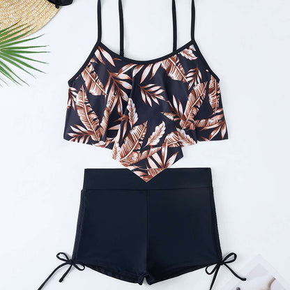 Boxer drawstring multicolor leaf bikini set