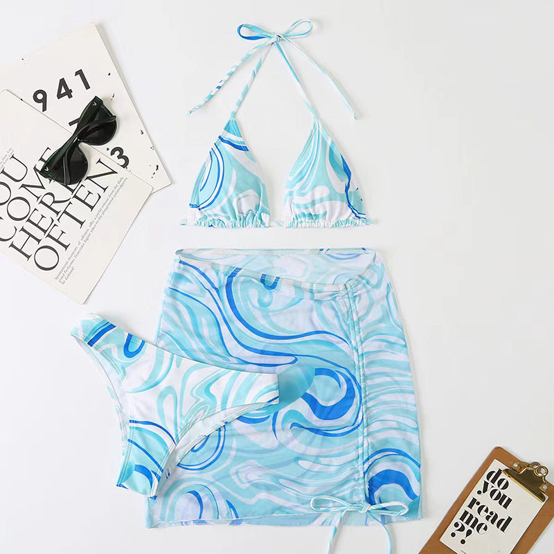 Fashion pattern bikini three-piece set