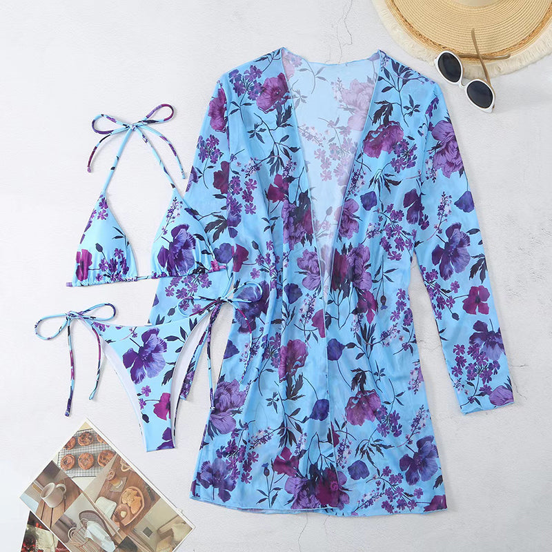 Printed mesh three-piece cover-up swimsuit