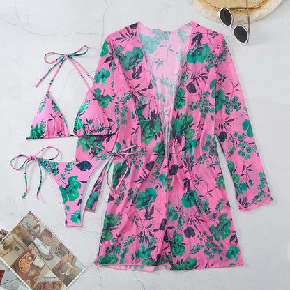 Printed mesh three-piece cover-up swimsuit