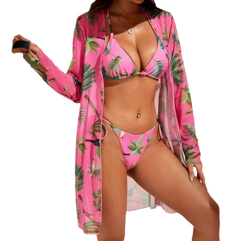 Printed mesh three-piece cover-up swimsuit