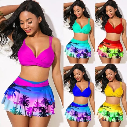 High waist ruffle print bikini swimsuit