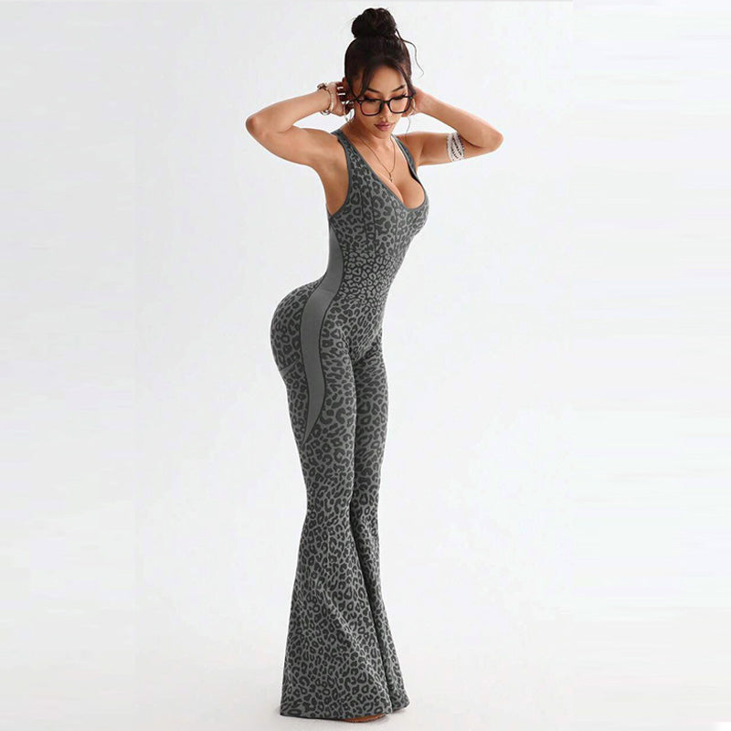 Seamless leopard print hollow back jumpsuit