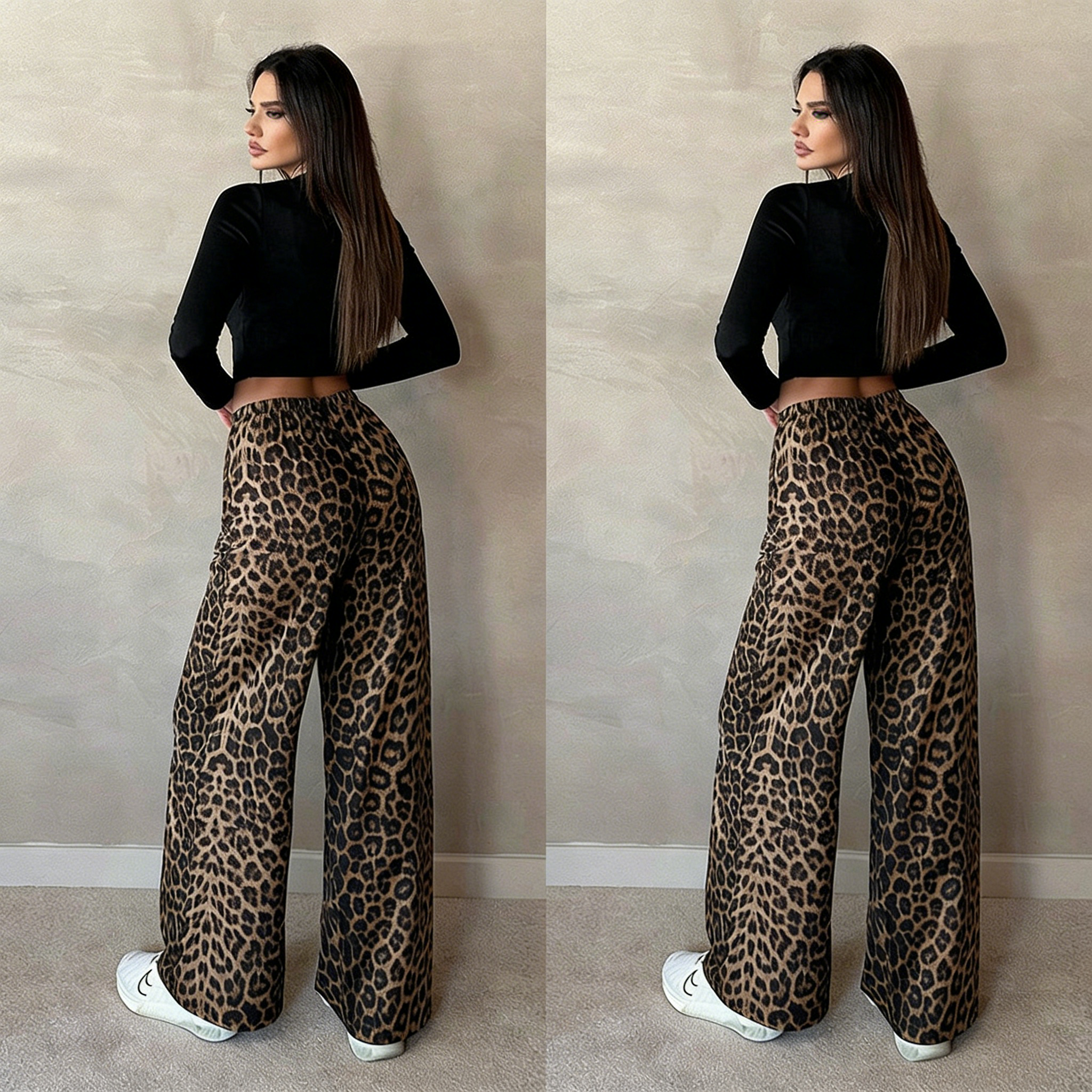 Leopard print straight wide-leg pants