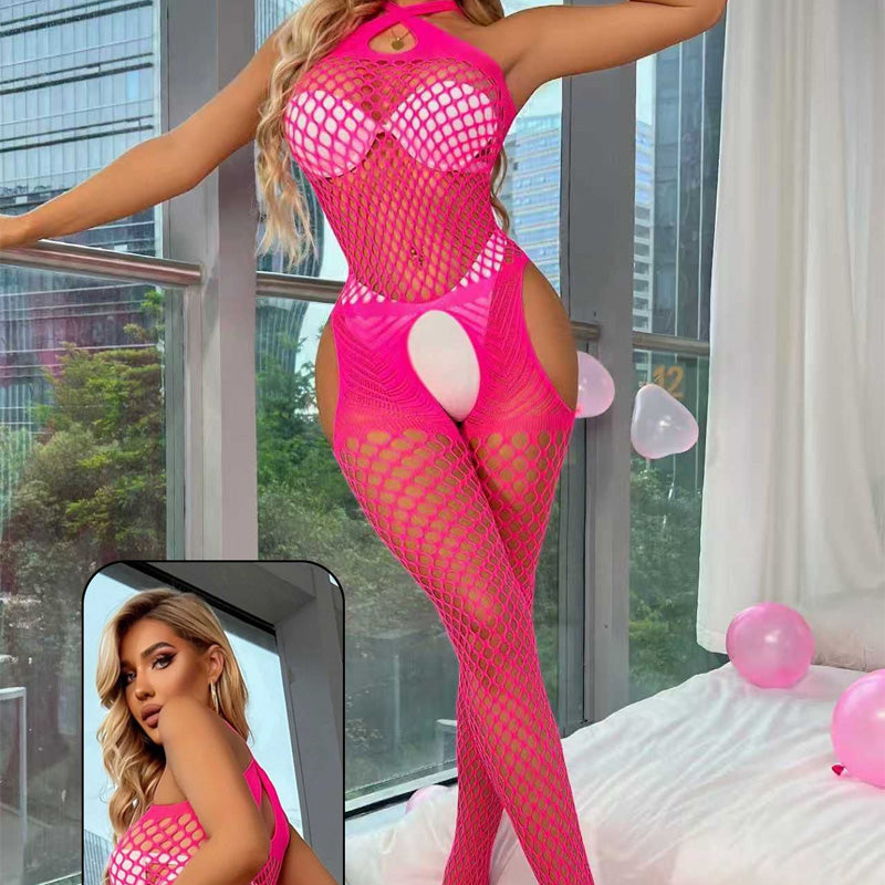 Transparent suspender crotchless body stockings