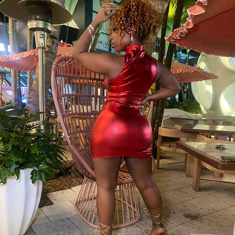 Gilded faux leather sleeveless hip skirt