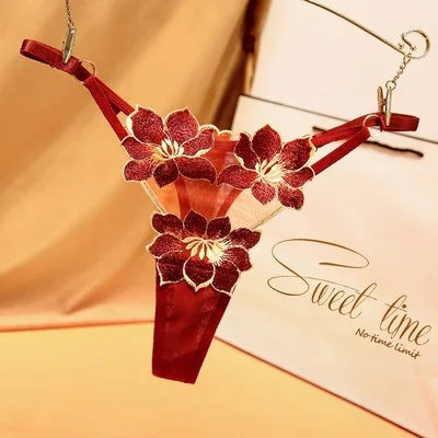 G043 Embroidered Floral Low-Waist Adjustable Thong