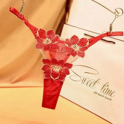 G043 Embroidered Floral Low-Waist Adjustable Thong