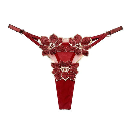 G043 Embroidered Floral Low-Waist Adjustable Thong