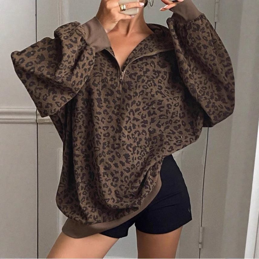 Retro leopard print stand-up collar women's coat, 2026 new loose sweatshirt