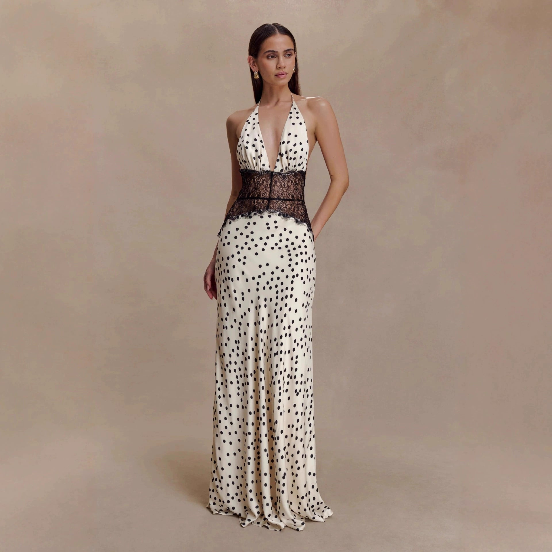 Polka dot lace patchwork maxi dress