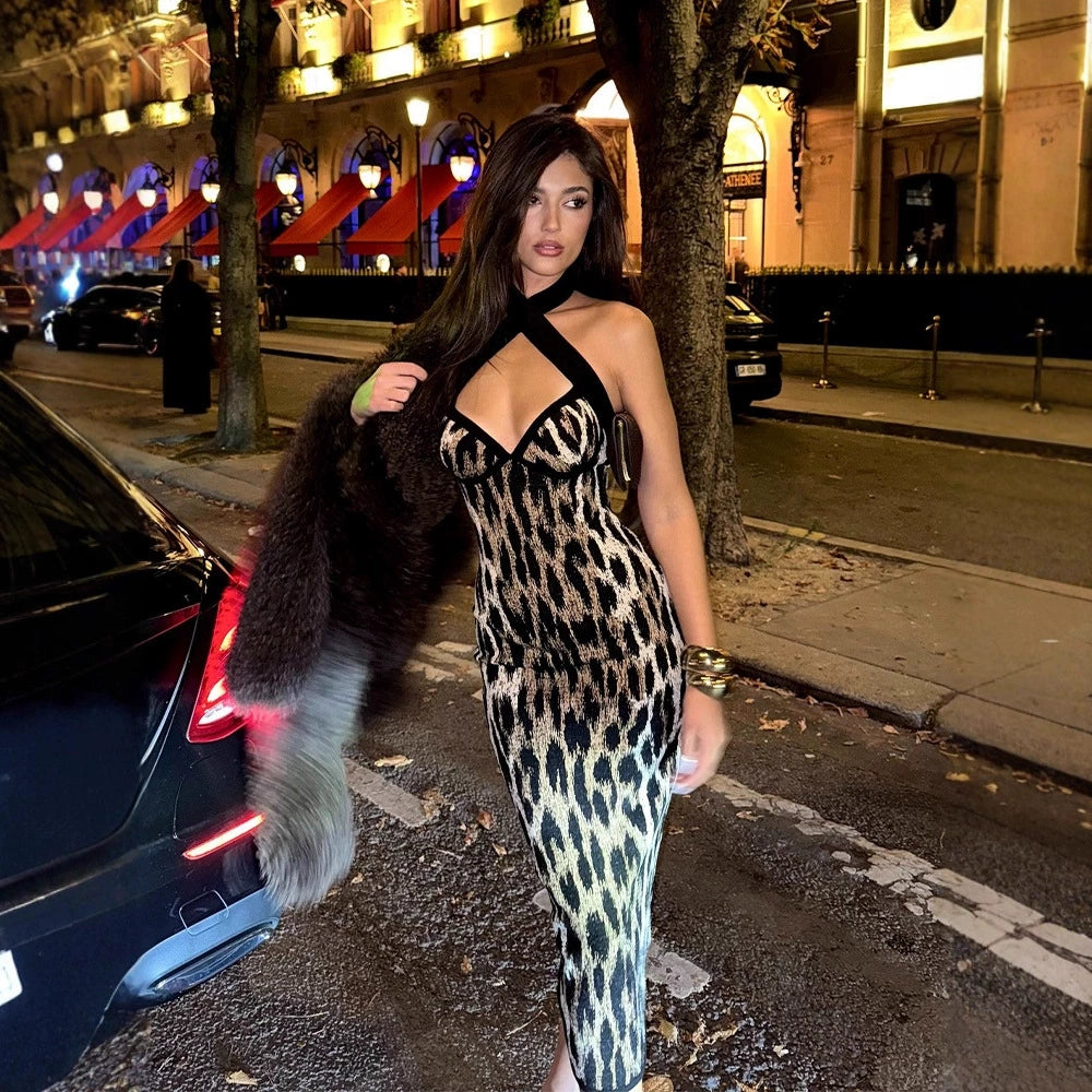 Leopard print halter neck dress
