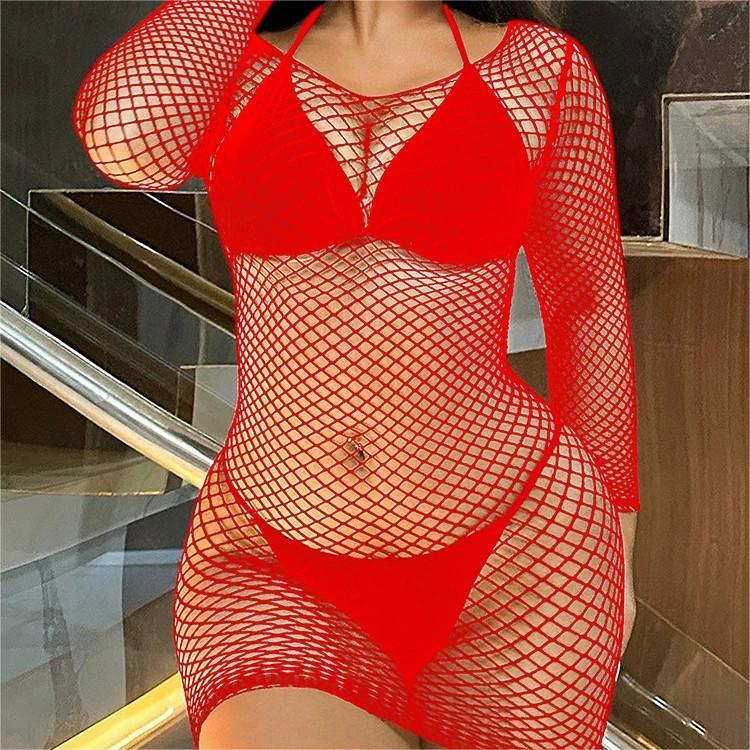 Long-sleeved fishnet bodysuit pajamas hip skirt