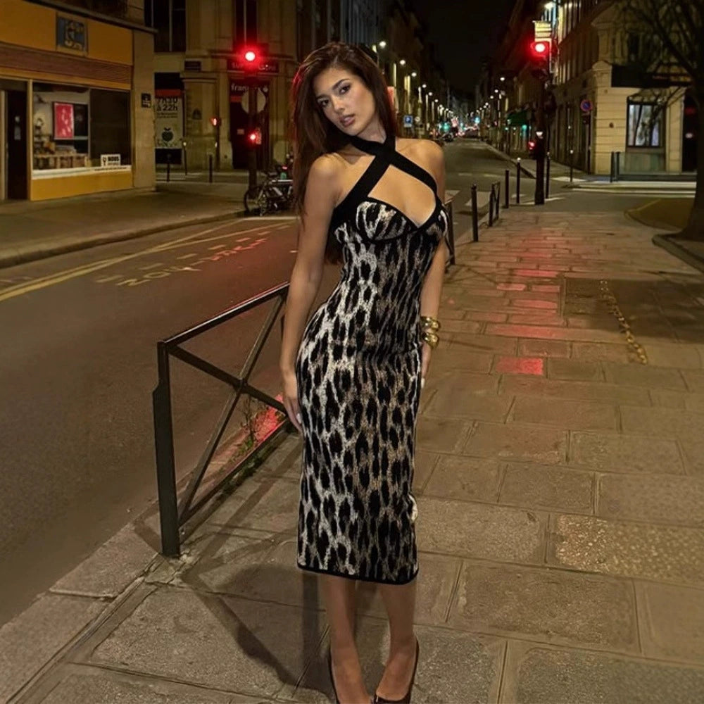 Leopard print halter neck dress