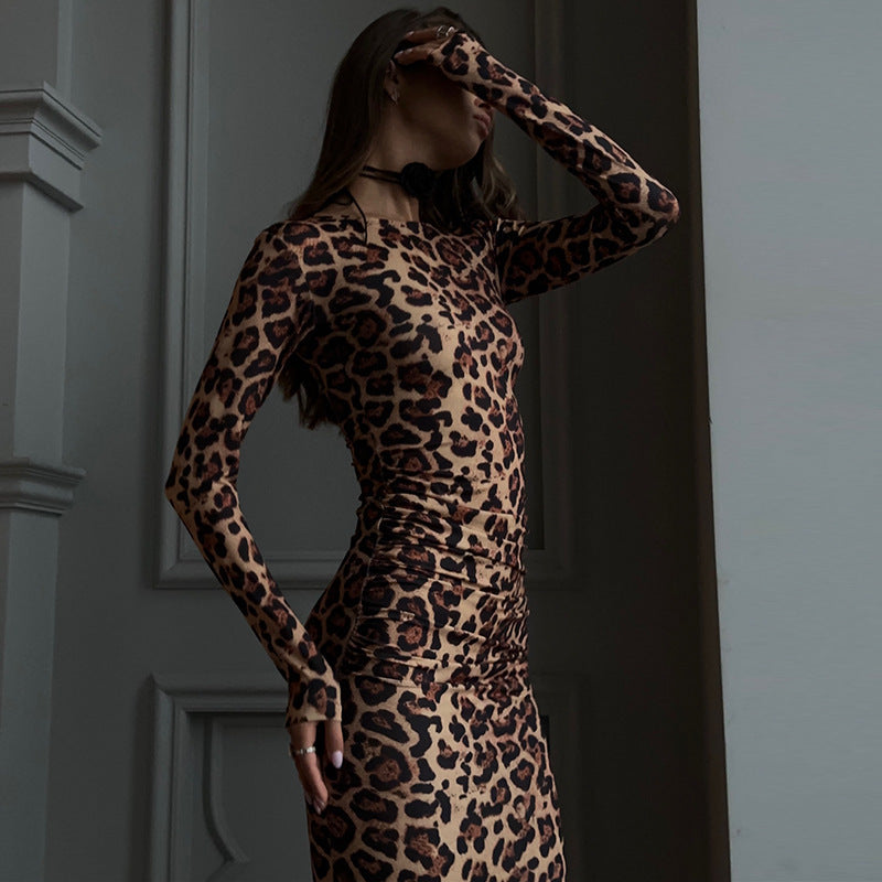Leopard print round neck long dress
