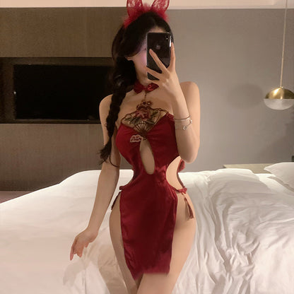 Sexy halter neck water drop hollow high waist slit uniform