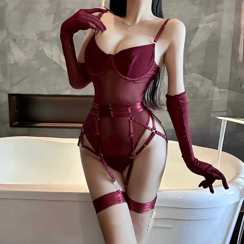 Sexy bodysuit mesh splicing bra set