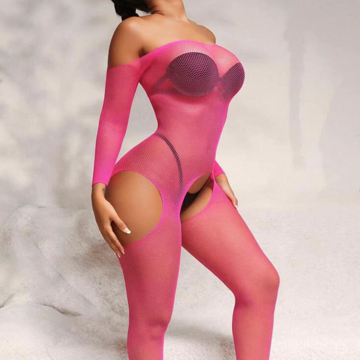 Hollow fine mesh crotch slim jumpsuit