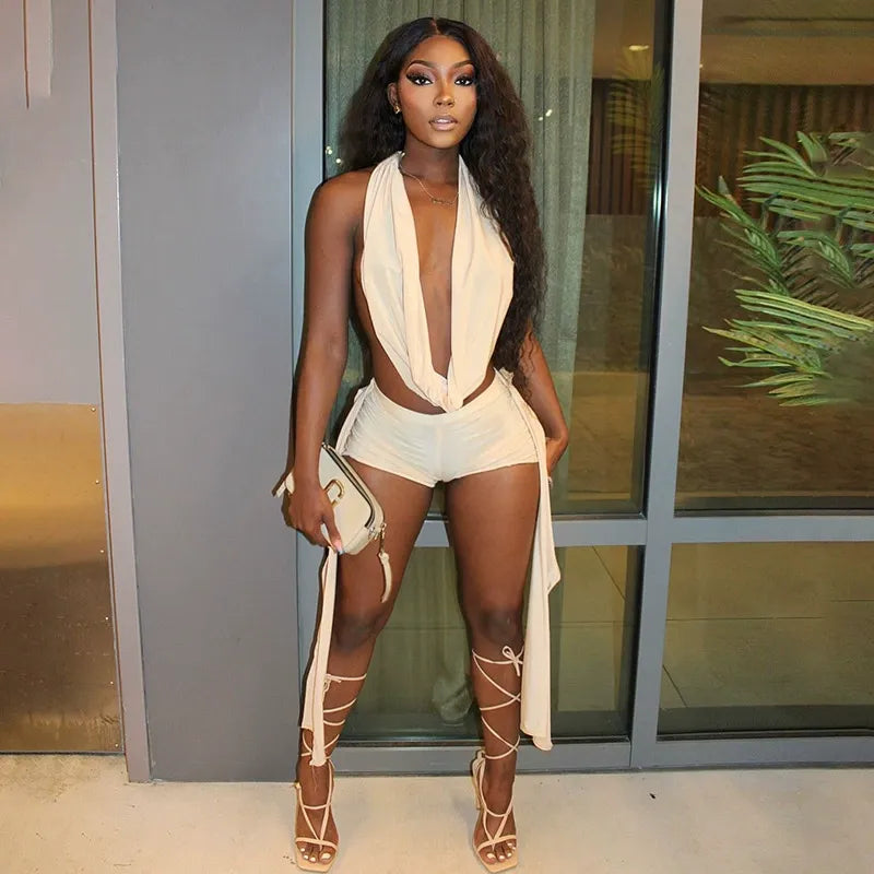 Halter neck sleeveless backless two-piece suit