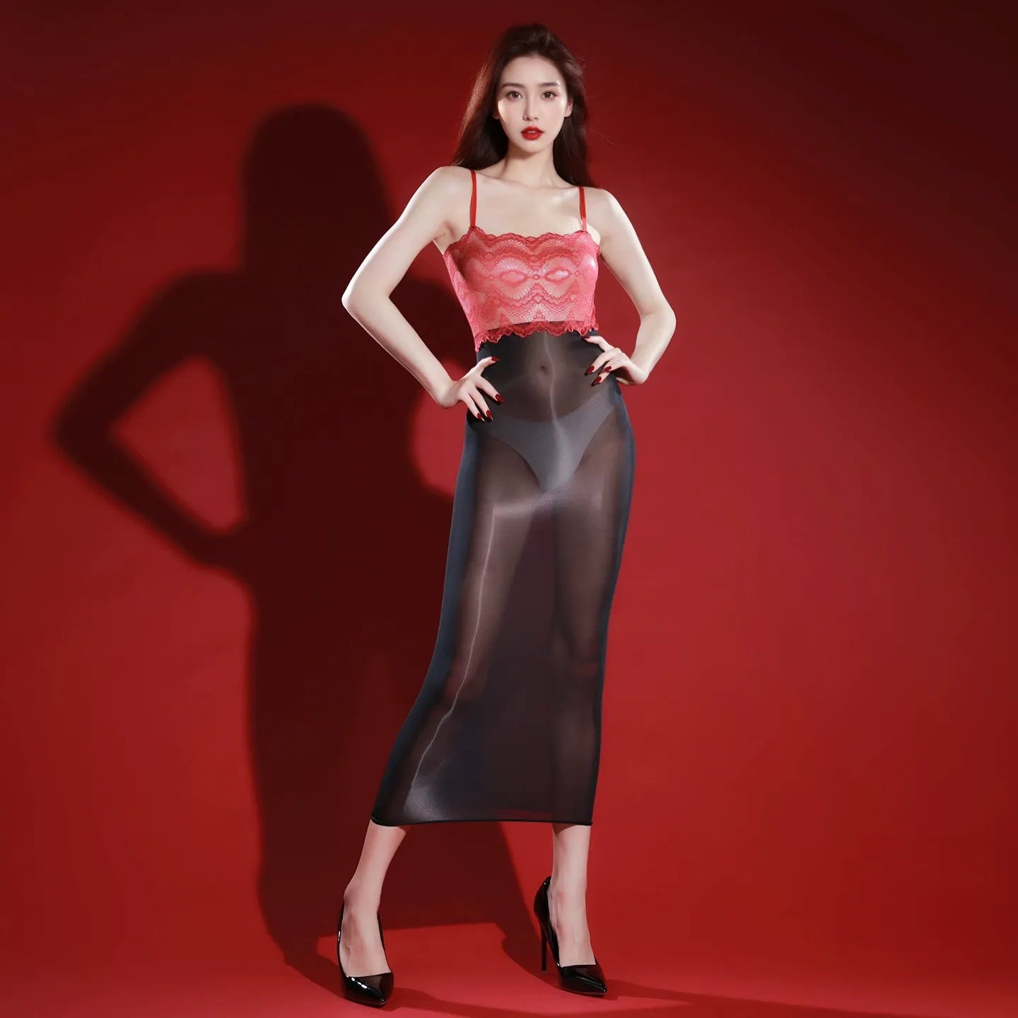Long shiny stockings suspenders hip skirt